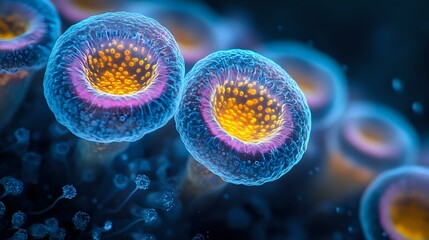 Poster - Glowing blue and orange cells dividing on dark background with microscopic detail showing inner cellular structure and membrane illumination in scientific visualization.