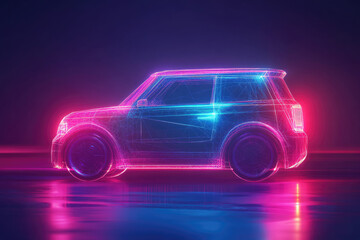 Poster - Digital hologram of compact electric car in neon light, futuristic vehicle model with polygonal structure, concept of virtual automotive technology, mobility innovation, smart transport design
