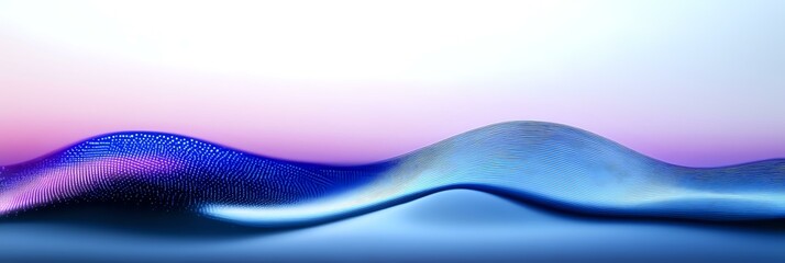 Poster - Abstract fluid wave formation in blue and purple gradient colors against soft pink sky background creates smooth flowing minimalist landscape composition.