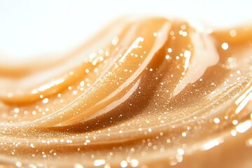 Poster - Flowing golden waves with sparkling particles create luxurious abstract background in warm caramel tones, suitable for cosmetic and beauty product advertising.