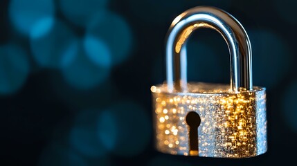 Poster - Glowing golden padlock with water drops on metallic surface against dark blue bokeh background creates mysterious atmosphere of security and protection.