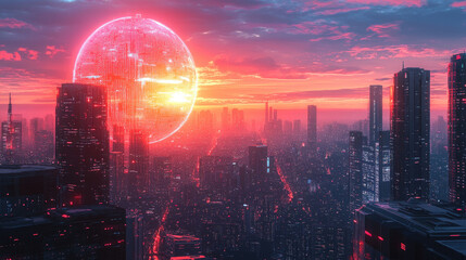 Poster - Futuristic city skyline with glowing data globe, digital sun and vibrant light reflections on river, concept of cyber city, global communication, and advanced technology. Banner with copy space.