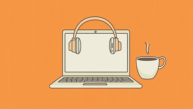 Laptop with headphones and coffee