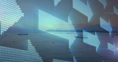 Poster - Digital arrows animating over serene ocean landscape during sunset scene