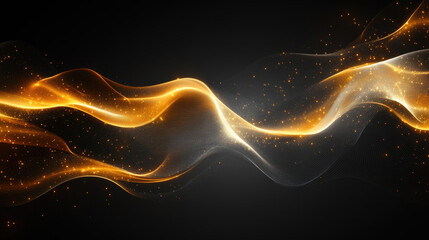 Poster - Golden abstract light wave with glowing particles on dark background, futuristic motion lines and sparkles, technology banner with copy space for innovation themes