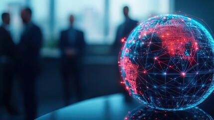 Poster - Abstract digital globe with glowing connections, blurred businesspeople in background, futuristic technology and global network concept, dynamic light effects