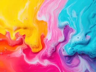 Poster - Abstract fluid art with colorful paint poured over a canvas, blending in unpredictable swirls and marbled patterns, creating a dynamic texture