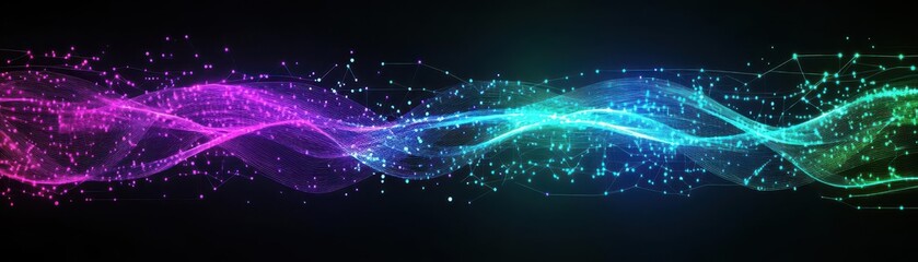 Poster - AI Artificial intelligence wave lines neural network purple blue and green light isolated on black background Vector in concept of technology, machine learning, AI