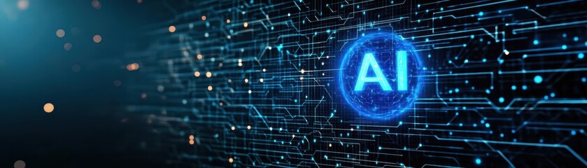 Poster - AI technology on black background Futuristic, dark artificial intelligence concept with text AI, blue glowing hologram and empty space