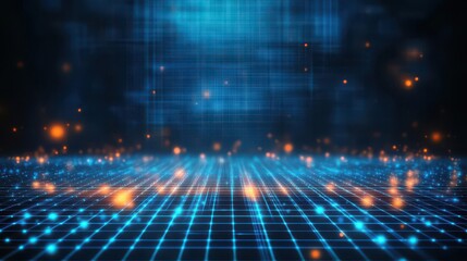 Aufkleber - An abstract digital matrix featuring glowing blue and orange light particles The image captures a futuristic network with dynamic dots, grids, and a luminous background