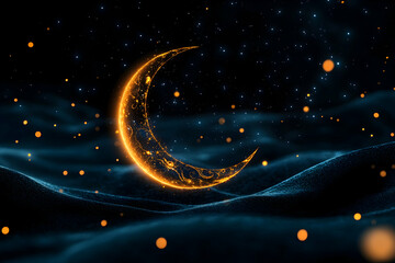 glowing crescent moon in a dark, starry night sky above a textured landscape