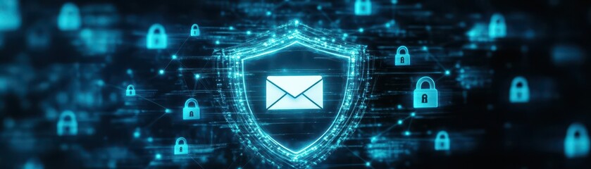 Poster - An email icon surrounded by a shield, with digital locks in the background, illustrating robust email security measures