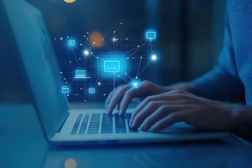Poster - Animation of connections with icons over hands of caucasian man using laptop