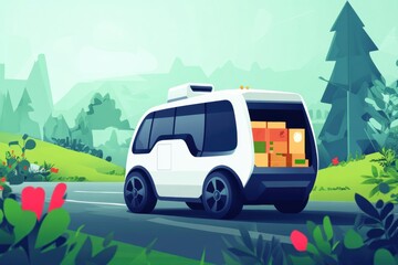 Poster - Futuristic eco-friendly delivery vehicle transporting groceries through a lush green landscape in a modern art style