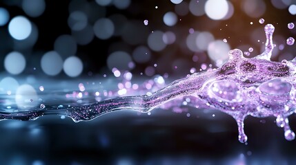 Poster - Magical purple water splash with glowing bokeh effect on dark background, frozen motion liquid photography for creative design and advertising projects.