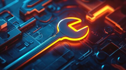Glowing wrench on circuit board, digital repair, tech background, website banner