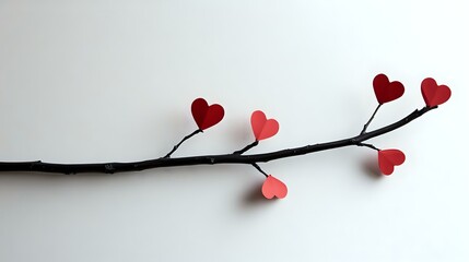 Poster - Minimalist branch with red heart-shaped leaves on white background, romantic nature concept for Valentine's Day cards and love-themed designs.
