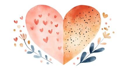 Poster - Watercolor heart in coral and peach tones decorated with tiny hearts, dots and delicate blue leaves on white background, romantic design element.