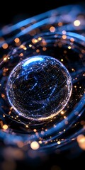 Poster - glowing sphere with network connections surrounded by blue light trails and bokeh effects creates fu