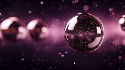 Poster - Transparent soap bubbles floating in purple cosmic space with glowing particles and bokeh effect create dreamy atmospheric background.