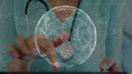 Poster - Medical professional with stethoscope and network sphere in hospital animation setting