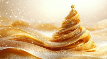 Poster - Elegant spiral Christmas tree shape in golden tones with glowing star on top, flowing ribbons and magical sparkles on warm abstract background.
