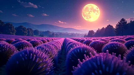 Poster - Enchanting Lavender Field Under a Mystical Full Moon at Night