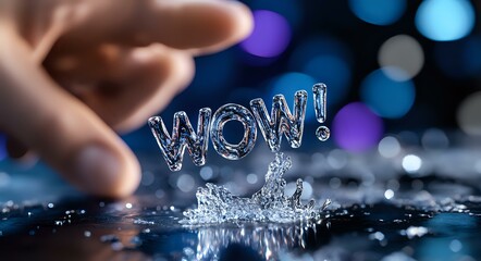 Poster - Water splash forming word wow with finger pointing and blue bokeh lights in background, creative liquid art photography capturing dynamic moment of splashing water.