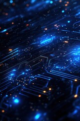 Poster - abstract blue circuit board with glowing lights and depth