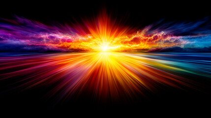 A radiant white sun bursts across a horizon of glowing clouds and vivid streaks of red, yellow, blue, and violet light, blending into a surreal, prismatic landscape.