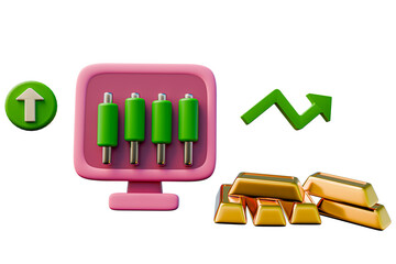 Leinwandbilder -  3d rendering, realistic 3d, 3d render, 3d icon gold trading analysis using monitor, transparent background
