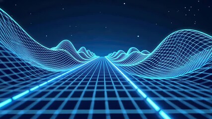 Poster - Retro Futuristic Grid Landscape with Glowing Lines and Rolling Hills