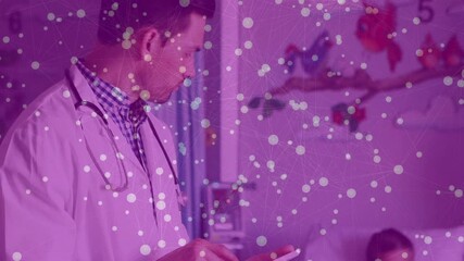 Poster - Doctor using smartphone with network connections animation over medical setting