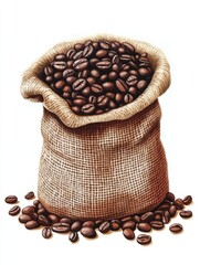 Poster - Burlap sack overflowing with fresh roasted coffee beans, showcasing coffee production and trade in a rustic setting