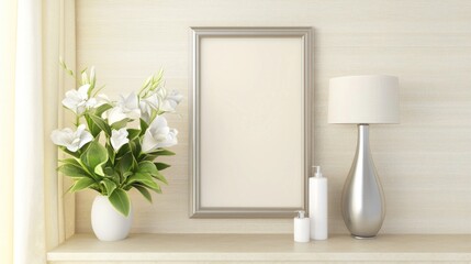 Wall Mural - Empty frame, elegant vase, and soft lighting
