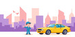 © NguyenThi - Cartoon mechanic with yellow car and city backdrop