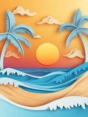 Aufkleber - Dreamy tropical island with layered paper cut style featuring palm trees, blue waves, golden sunset and soft cut-out textures enhancing serene atmosphere