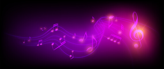 Poster - Music notes, clef musical with sheet waves vector illustration. Melody neon design background. Motion audio concept in black and light glow purple, pink color sound symbols