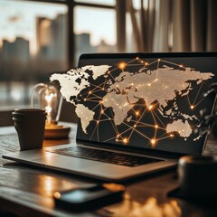 Aufkleber - Global Connections: A Laptop Displaying a Connected World Map in a Warm, Modern Workspace Setting.