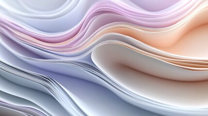 Poster - Abstract close-up of colorful paper waves creating a soft gradient effect, showcasing smooth curves and intricate layers in pastel shades of pink, purple, and cream.