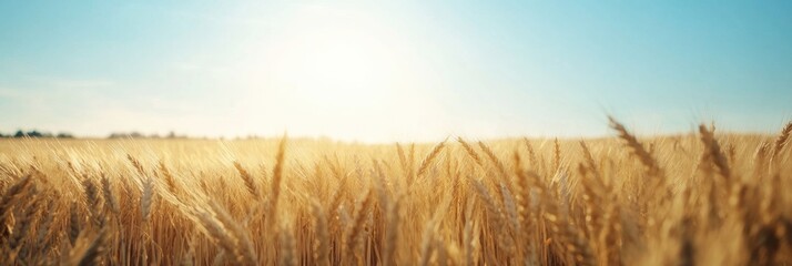Poster - Golden wheat field under clear blue sky with soft sunlight creating warm shadows in a minimalist rural landscape