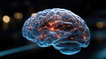 Poster - Abstract visualization of a human brain showcasing neurons and synapses, interconnected with glowing lights, representing cognition, intelligence, and neural activity in the digital realm.