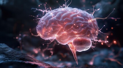 Poster - Stunning Brain Illustration with Glowing Neural Connections Representing Human Intelligence and Cognitive Processes in a Surreal Digital Landscape
