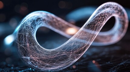 Poster - Abstract representation of infinity symbol made from glowing lines and fibers on a dark background, symbolizing limitless possibilities and interconnectedness in digital art
