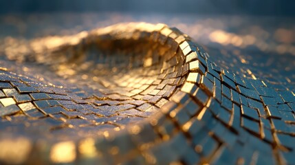 Poster - Glimmering Gold Mosaic Texture Flowing in Undulating Waves, Captivating Abstract Background with Shimmering Illusion of Light and Depth