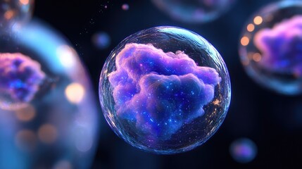 Poster - Ethereal Cosmic Celestial Sphere Exhibiting Glowing Nebula-Like Clouds, Bubbles in Deep Space, with Stars and Mystical Light Reflections in a Dark Background