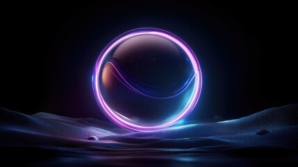 Poster - Glowing Sphere on a Dark Surface with Colorful Light Effects and Reflections Creating a Futuristic and Abstract Atmosphere in a Studio Setting