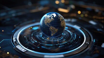 Poster - A High-Tech Modern Globe Display with Illuminated World Map and Digital Interface Elements on a Futuristic Background for Science and Technology Themes