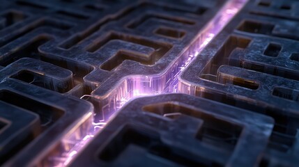 Poster - Abstract representation of a futuristic maze illuminated by energy, showcasing intricate patterns that evoke themes of technology, complexity, and innovation in digital design.