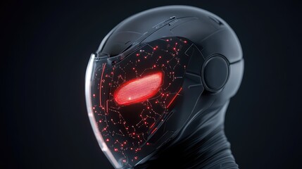 Poster - Futuristic Robot Head with Glowing Red Elements and Complex Circuit Patterns, Isolated on Dark Background, Representing Advanced Technology and Innovation